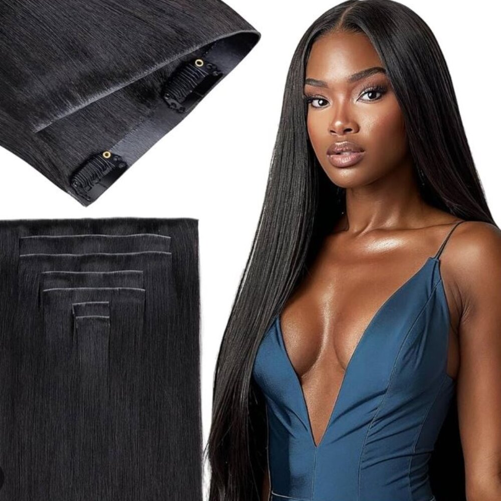 Flooyeer- Seamless Clip-in Hair Extensions- Natural Black- Never Worn